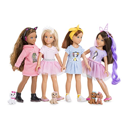 Corolle 9000600030 - Girls Luna Einhorn Set, Ankleidepuppe im Sommeroutfit mit Hund, mit Haarband, Ohrringe und extra Gummistiefel, 28cm Spielpuppe mit Vanilleduft, ab 4 Jahren