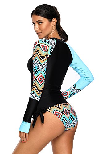 REKITA Womens Long Sleeve Rashguard Shirt Color Block Print Tankini Swimsuit Blue Large