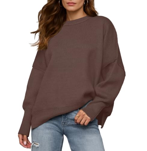 Womens Crewneck Batwing Long Sleeve Sweaters Fall 2025 Oversized Side Slit Ribbed Knit Sweaters Pullover Tops