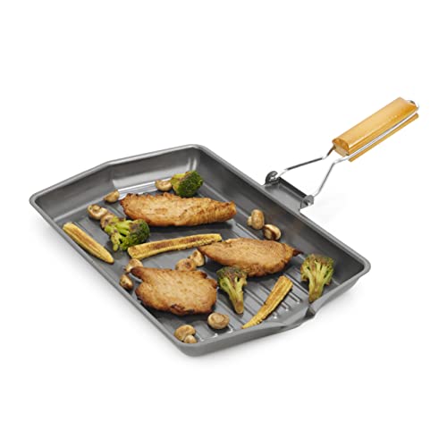 Homiu Griddle Pan Plate Carbon Steel with Non-Stick Ridge Surfaces Frying Pans with Folding Handle for Stoves and Grills (Large Rectangular)