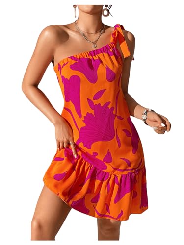 OYOANGLE Women's Boho Floral Print Knot One Shoulder Ruffle Hem Dress A Line Summer Short Dresses Orange Medium