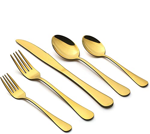 Image of Gold Silverware Set, Gold Flatware Set for 4, Stainless Steel Tableware Cutlery Set, Utensil Sets for Kitchen, Forks and Spoons Silverware (Gold, Set of 5)