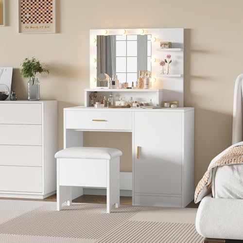 Garvee Vanity Desk with Mirror and Light Bulbs, Makeup Table with Open Shelves and Drawers, Dressing Table Set with Upholstered Stool and Cabinet for Women, Bedroom, Dressing Room, White