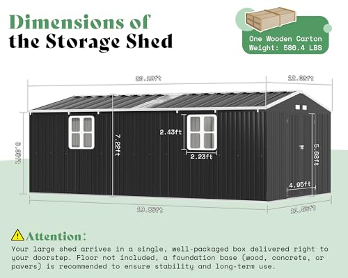 VanAcc 12x20x7.2 FT Outdoor Storage Shed with 2 Transparent Panels, Metal Garden Shed with Hinged Double Doors, Windows & Vents, Reinforced Steel Frame for Backyard Garden, DIY Workshop, Dark Gray - Image 2