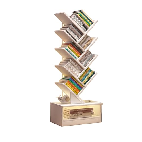 Estantería moderna con forma de árbol de 47.2 pulgadas, color blanco, con anti punta, para CDs, libros, elegante estantería para dormitorio, sala de estar, ahorro de espacio