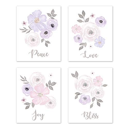 Sweet Jojo Designs Lavender Purple, Pink Grey and White Wall Art Prints Room Decor for Baby, Nursery, and Kids for Watercolor Floral Collection - Set of 4 - Peace, Love, Joy, Bliss