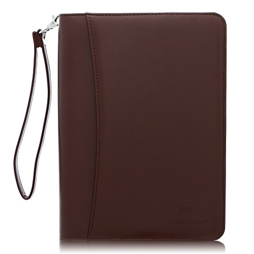 Petit porte-document professionnel à fermeture éclair - Contient un bloc notes - En cuir synthétique - Classeur et trieur avec pochette pour tablette de 20,3 cm - Par Lautus Designs marron foncé