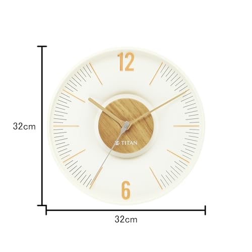 Image of Titan Earth Flare Wall Clock with White Dial & Wood Texture Finish, 3D Raised Indices, Silent Sweep, Model W0093PA01 | 32 cm x 32 cm x 2.7 cm