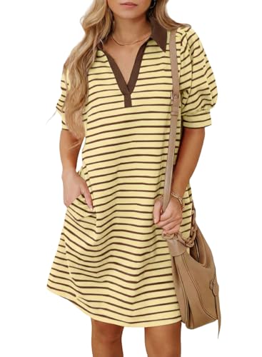BLENCOT Dresses for Women Casual Polo V Neck Striped T Shirt Dress Summer Loose Fit Puff Short Sleeve MIdi Dresses Yellow M
