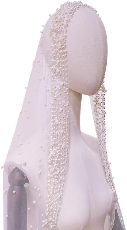 HUFFA Romantic Long Wedding Veil 1 Tier Pearls Edege Beading Bridal Veil Headpiece