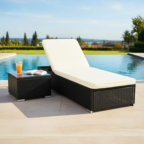 Image of DEVOKO 2 Pieces Outdoor Wicker Lounge Chairs Set with Adjustable Backrest and Glass Top Coffee Table Patio Furniture for Poolside, Balcony, Lawn (Black & White)