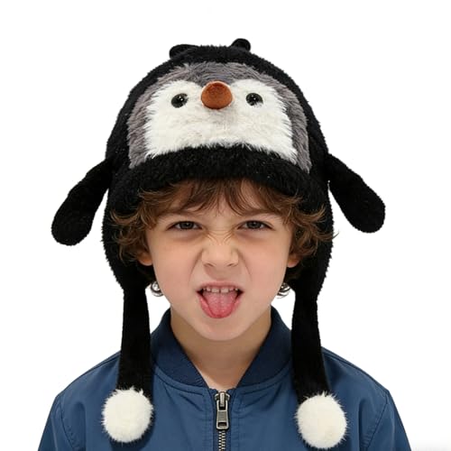 JINGLING Gorro de Animal de Peluche - Sombrero de Lana con Diseño de Pingüino para Disfraz - Gorro De Peluche Con Orejeras Abrigado - Infantil para Vacaciones Senderismo Niños y Niñas