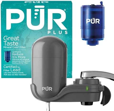 PUR Plus Vertical Faucet Mount Water Filtration System, Lead-Reducing Water Filter For Sink Faucet, Easy Install, 100 Gallons, Compatible with Sinks with External Aerators, Grey