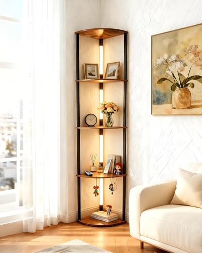 Image of Lightdot Corner Floor Lamps with Shelves, 64Inch 5-Tier Storage Shelf Lamp with Integrated LED Posts /Amber Shelf /Black Frame, Black Display Floor Lamp for Living Room Bedroom /Sofa Beside /Corner Decor