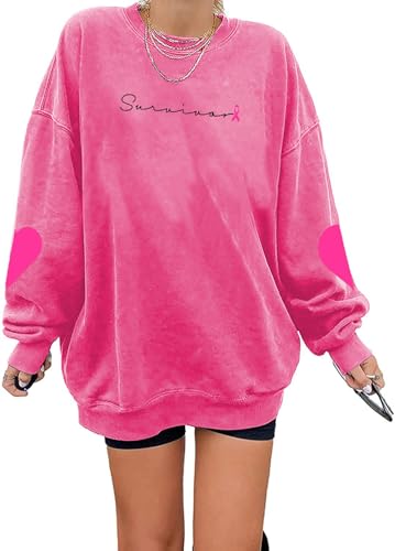 Breast Cancer Shirts for Women Breast Cancer Survivor Sweatshirt Warrior Pink Ribbon Oversized Crewneck Pullover Tops