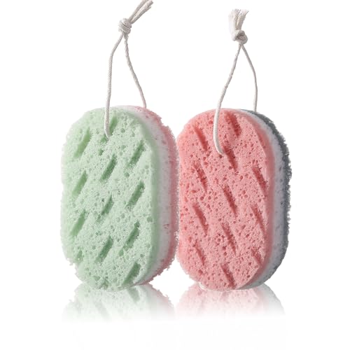 Heideryafei 2-Piece Set of 3-Layer Bath Sponges: Soft PU Foam Body Exfoliating Sponges, Exfoliating Bath Sponges with Hanging Straps, and Colorful Luffa Sponges with Rich Lather
