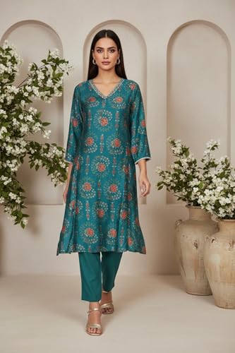 Image of W for Woman Floral Printed Embellished A-Line Art Silk Kurta with Straight Pant Set