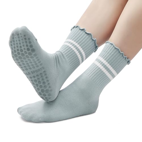 Image of American Trends Pilates Crew Socks for Women with Grips, Non Slip Ruffle Sock for Yoga Barre and Workout
