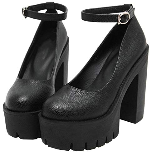 Birdsight Plateforme Epais Escarpins pour Femme Talon Haut Bloc avec Bride Cheville Bout Rond Gothique (Noir 39) Cover