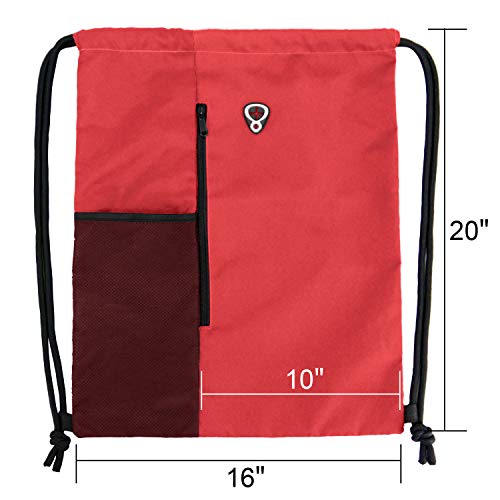 Image of BeeGreen Red Lightweight Drawstring Backpack For Women W Water Bottle Pocket &Front Zippered Pocket Large Sports String Sackpack For Traveling Yoga Beach Outdoor Gym