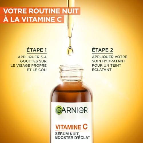GARNIER Skin Active - Sérum Nuit Booster d’Éclat - Efficace Sur Taches Brunes & Rides - Illumine Le Teint - Vitamine C Pure, Acide Hyaluronique - Vegan & Cruelty Free - Tous Types de Peaux - 30 ml