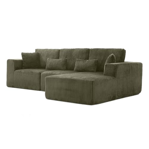 Image of L Shaped Modular Boneless Sectional Couches for Living Room, Wide Armrest, Deep Seat, Memory Foam, Assembly Free, Modern Comfy Corduroy Fluffy Cloud Sofa with Right Chaise, Green