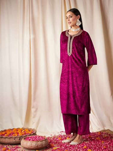 Image of Women's Velvet Floral Embroidered Straight Kurta | Round Neck Three-Quarter Sleeve Calf Length Kurti with Thread Work