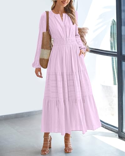 BTFBM Fall Dresses for Women 2025 Casual Long Sleeve V Neck Elastic Waist Lightweight Maxi Wedding Guest Dress Pockets