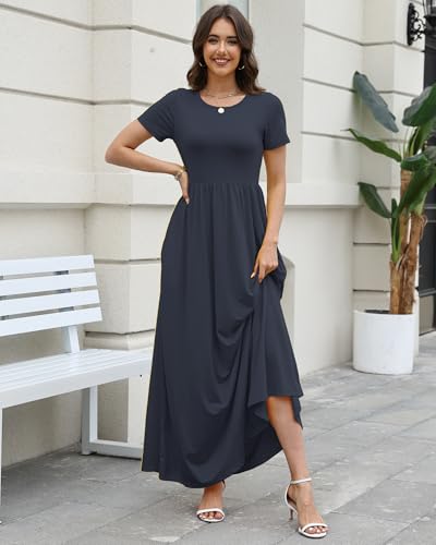 Image of COSSEN Women's Crew Neck Short Sleeve Maxi Dress with Pockets Casual Loose Swing for Wedding Guest Beach Vacation