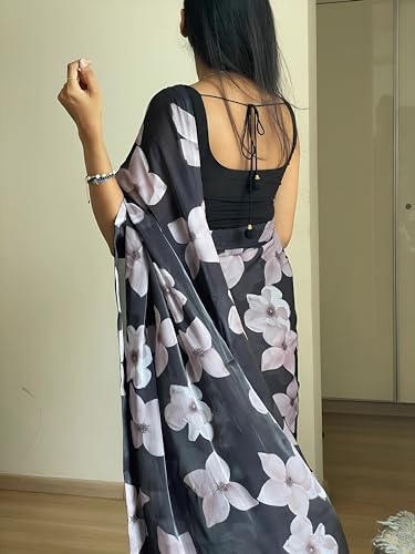 Image of StyleScope Women's Georgette Printed Lace Bordered Ready To Wear One Minute Saree With Print Unstitched Blouse Piece (RTW Mix Free Size)