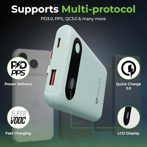 Image of UltraProlink Power Bank 10000mah Fast Charging|16.8mm Slim|22.5W QC-PD-PPS Fast Charging Battery Bank|with USB-C & iPhone Cable|Digital Display|Power Bank for Tablets & Smartphones| Green |UM1127