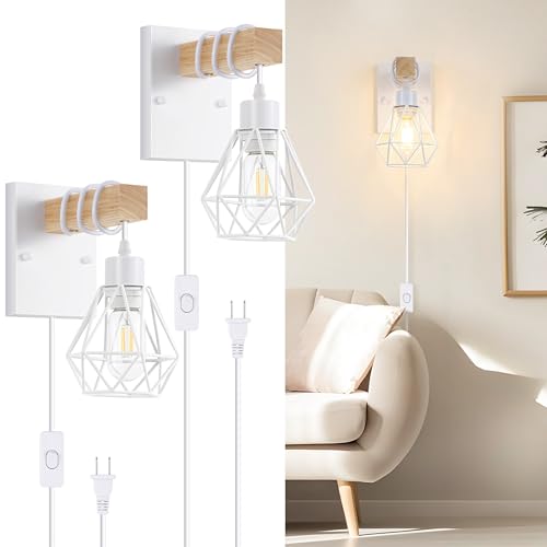 Image of Lomoky White Plug in Wall Sconces Set of Two, Modern Wall Lights with 5.25FT Plug in Cord, Wooden Bedside Wall Lamps with Metal Shade, Industrial Wall Lighting Decor for Living Room, Hallway, Stairs