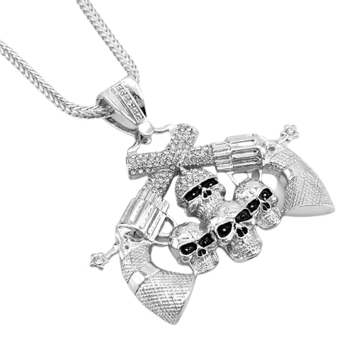 Hip Hop Bling Silver Tone Skull & Guns Pendant Necklace free 36" chain