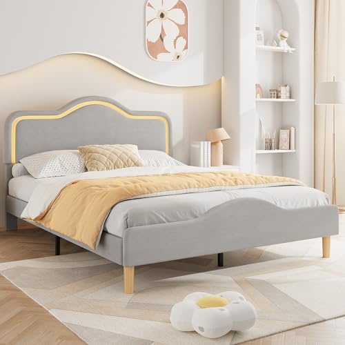 Garvee Full Size Upholstered LED Bed Frame with Adjustable Headboard and Footboard, Velvet Princess Platform Bedframe for Kids/Girls, Wooden Slats Sup