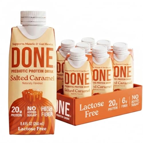 Image of Done Prebiotic Protein Shake, Salted Caramel, 20g Protein, 8.4oz, 8 Pack | 20g Whey Protein, High Fiber, Prebiotic, Lactose & Gluten Free, No Added Sugar, Ready-to-Drink Shake, 8-Pack