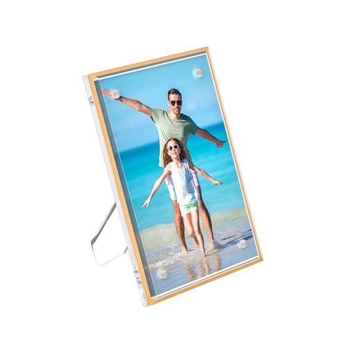 Hexsonhoma Cornice portafoto in acrilico 9 x 13 cm con bordo dorato, trasparente tavolo magnetico, cornice in acrilico di cristallo autoportante per vendita al dettaglio, negozio, museo, casa, annunci