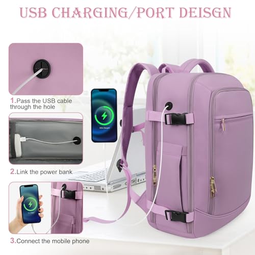 Image of Rinlist Carry on Backpack, Flight-approved Backpack for Traveling, 40L Personal Item Travel Backpack, Purple