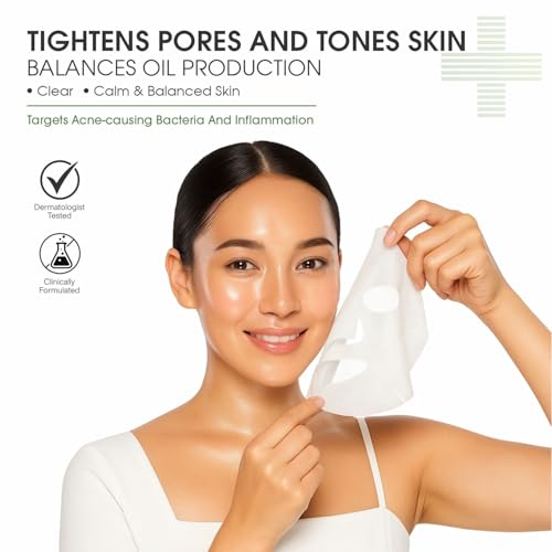 Image of 1% Salicylic Acid Sheet Mask for Reducing Acne, Enlarged Pores & Fine Lines with Zinc PCA, Witch Hazel & Hyaluronic Acid | Face Mask for Clear, Smooth & Refined Skin (Pack of 1, 25ml)
