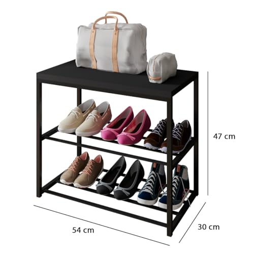 Sapateira Banco Industrial Para Hall/Closet/Quarto 2 Prateleiras em Chapa de Aço - LH Móveis (Preto)