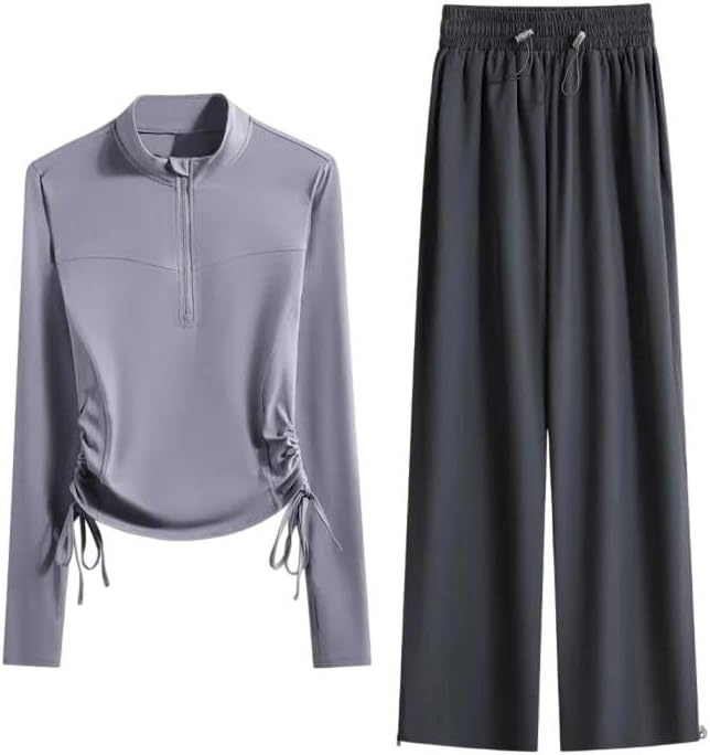 Women's Slim Fit Solid Sporty Pullover Side Drawstring Long Sleeve Top Sweatpants Two Piece Outfit Set