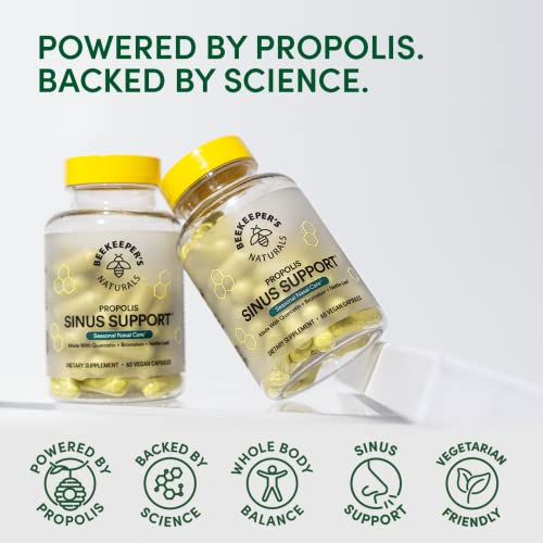 Beekeeper's Naturals All Natural Sinus Support For Adults, Seasonal Nasal Care Relief With Propolis, Quercetin, Bromelain, Nettle Leaf, & Vegan Capsule, Blocks Or Suppresses Histamine, 60 Ct #TOP4
