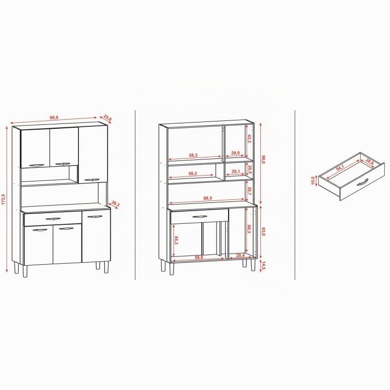 ACTUAL DIFFUSION Buffet de Cuisine 6 Portes 1 Tiroir Chêne et Gris 7 Niches L 90.9 H 173.5 P 36.3 cm