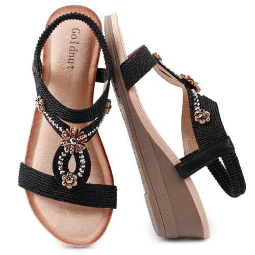 Image of Wedge Sandals for Women Dressy, Woman's Sandal Comfortable Low Wedges Heels Ankle Elastic Strap Sandles with Flower Rhinestones