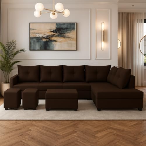 Image of SOCOZI Oriana 8 Seater RHS L Shape Sofa Set | Velvet Suede Fabric L Shape Sofa for Livingroom with 2 Ottoman & Centre Table (Dark Brown)