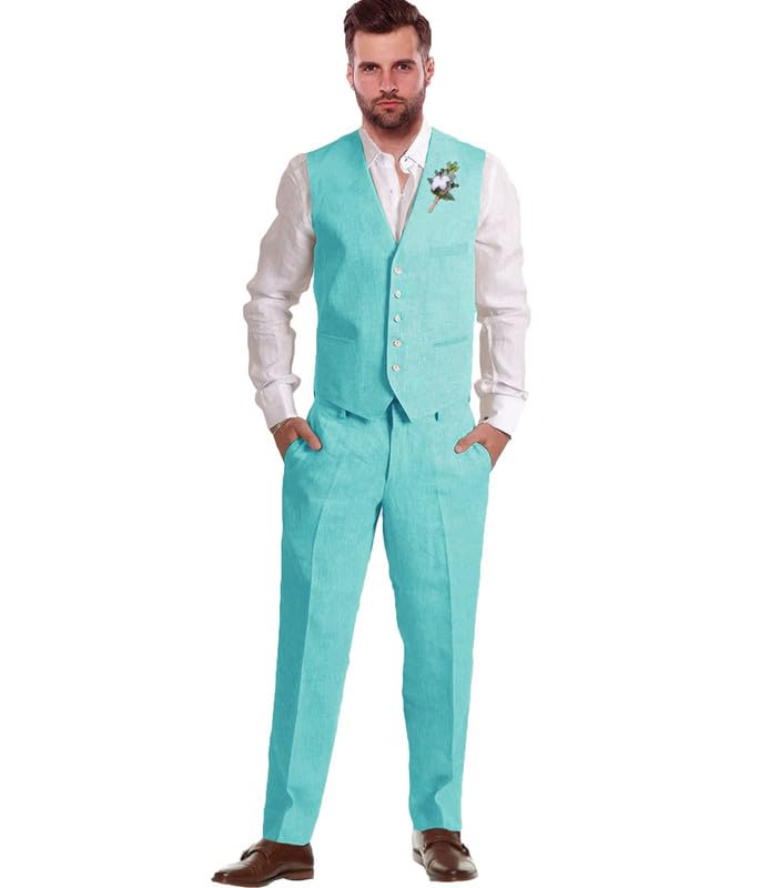 2024 Fashion Mens Linen Suits for Beach Wedding 2 Piece Groomsmen Attire Linen Vest Pant Set JXZ028