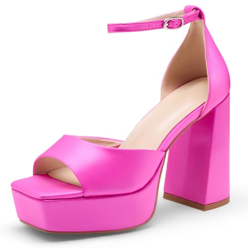 Manoloshow Platform Heel Buckle Strap:Chunky Heeled Pumps 4.7' High Heels Evening Comfy School Dress Sandals for Women Rose Red Size 7