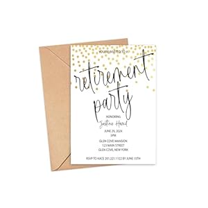 Retirement Party Invitation, Personalized Retirement Party Invites, Modern Gold Confetti Retirement Celebration Party, Set of 10 Invitations and Envelopes 24-19