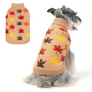 BEAUTYZOO Fall Dog Sweater- Small Dog Sweaters for Dogs Girls Boys, Turtleneck Knitwear Dog Clothes in Cold Weather, Maple Leaf Cable Knit Puppy Pullover Outfit, Pet Apparel(Khaki, M)
