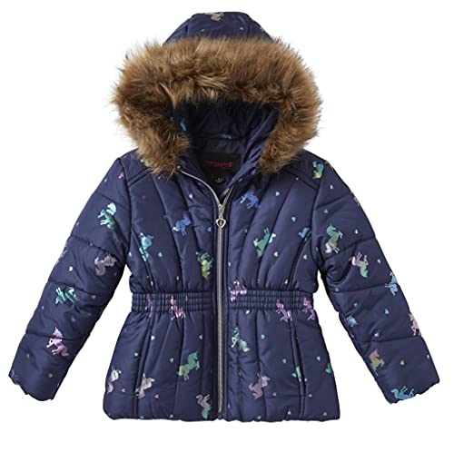 Sportoli Girl Winter Dot Heart Foil Print Puffer Jacket Coat Faux Fur Trim Hood - Navy Multi Unicorn (Size 5-6)