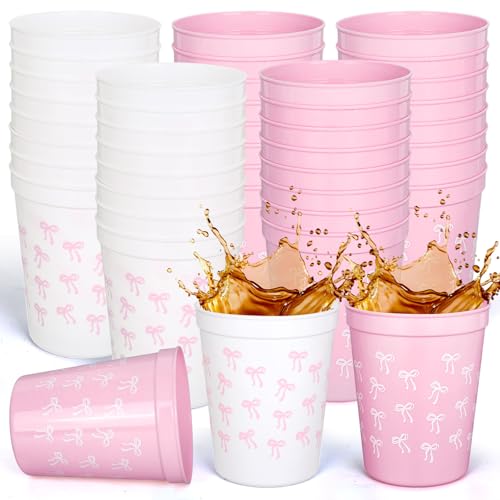 Whaline 24Pcs Bow Plastic Cups 16Oz Pink White Coquette Bowknot Disposable Drinking Cup Stackable Party Cups for Birthday Wedding Bridal Shower Bachelorette